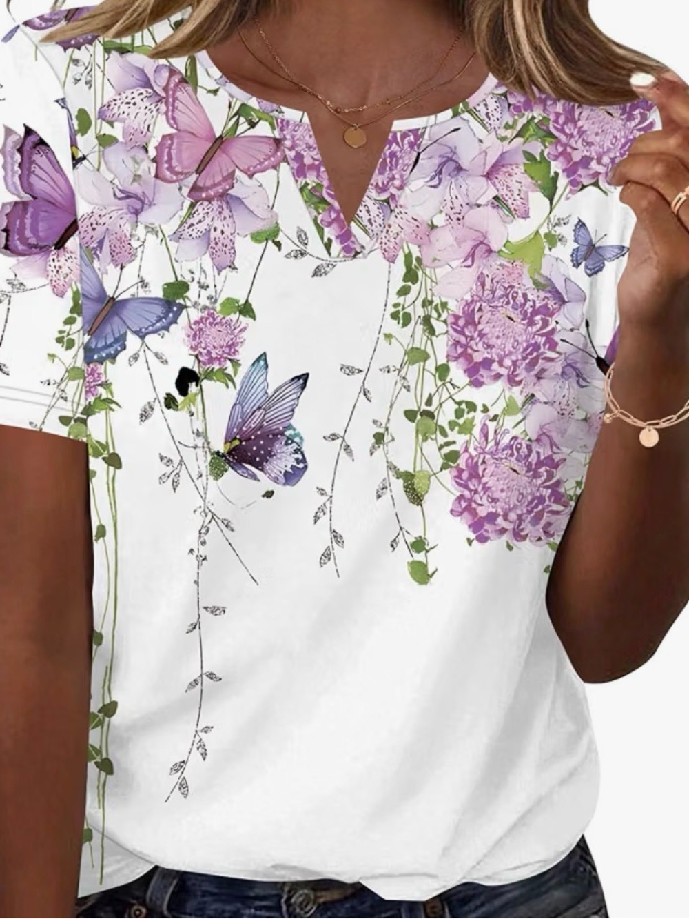 Butterfly Floral V-Neck Top - White & Purple